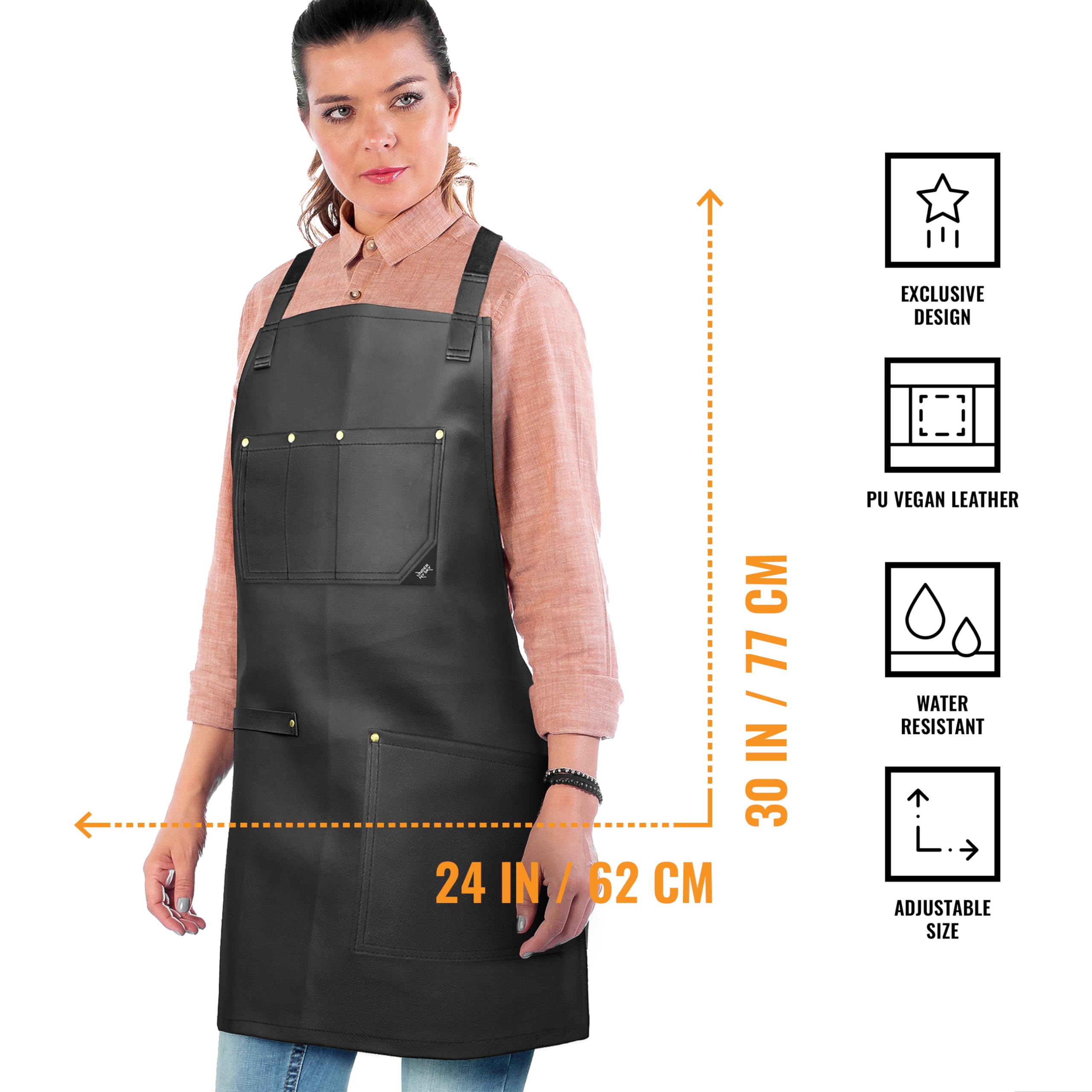 Under NY Sky Leather Apron - Cross-back Straps, Riveted, Vegan Leather - For Barbers, Hairstylist, Bartender, Barista