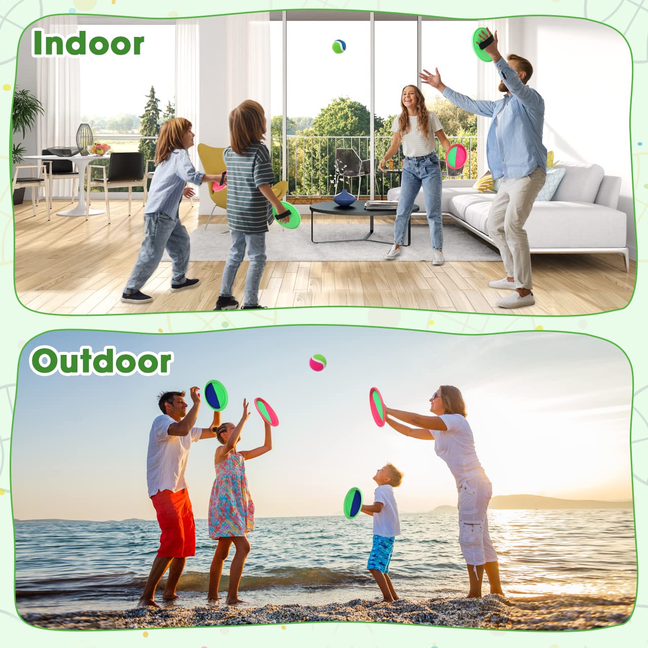 ZMLM Toss Catch Ball Toy Set: Upgraded Kid Outdoor Toy Game Beach Backyard Lawn Sport Activity Fun Outside Indoor Family Toy for Age 3-12 Girl Boy Kid Birthday Gift with 4 Sticky Paddles 4 Throw Balls