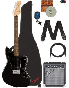 fender squier affinity jazzmaster - metallic black bundle with frontman 10g amplifier, instrument cable, gig bag, tuner, strap, picks, and austin bazaar instructional dvd