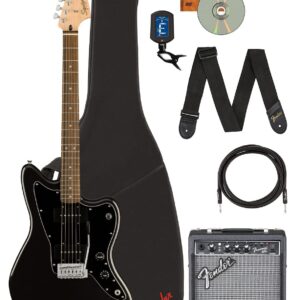 Fender Squier Affinity Jazzmaster - Metallic Black Bundle with Frontman 10G Amplifier, Instrument Cable, Gig Bag, Tuner, Strap, Picks, and Austin Bazaar Instructional DVD