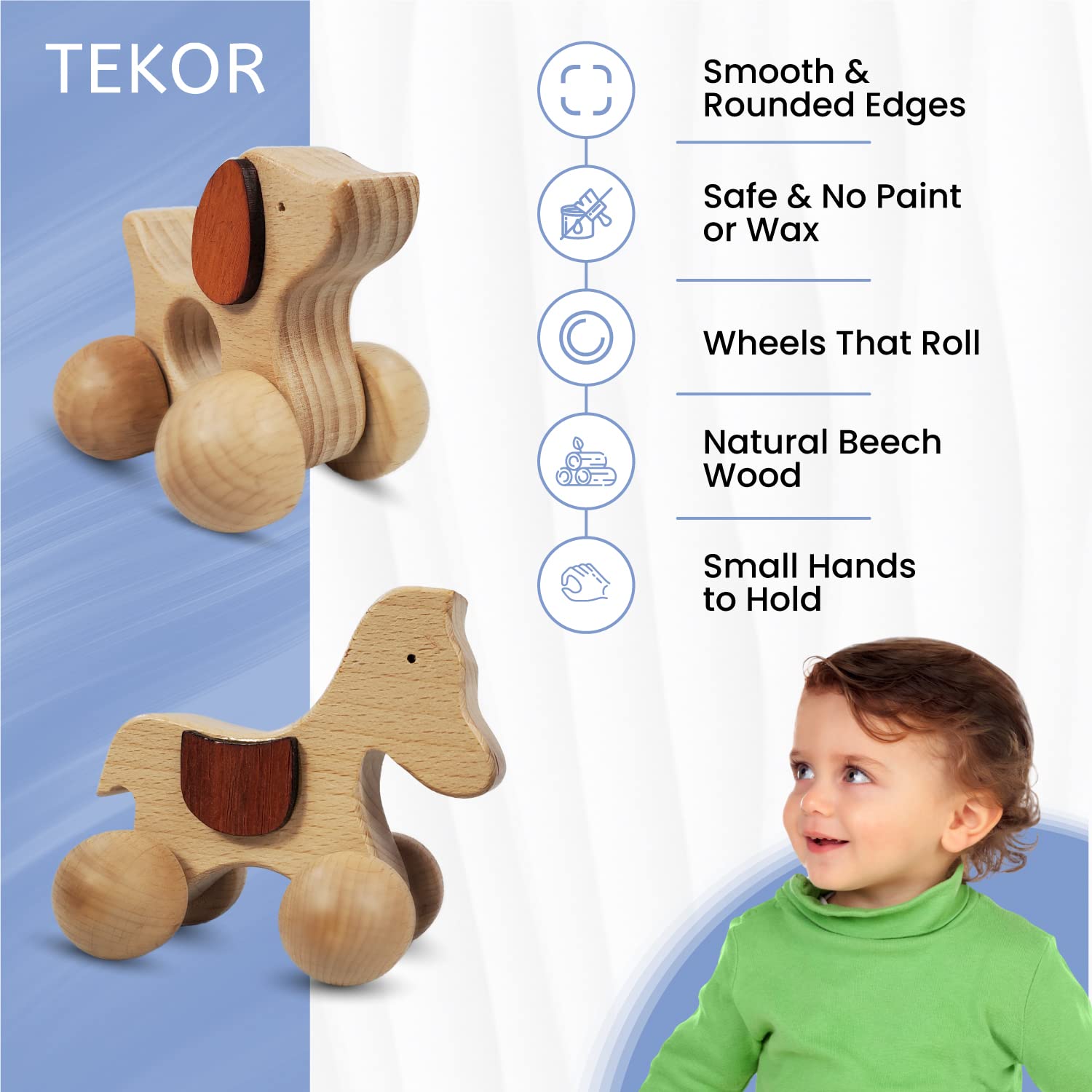 TEKOR Wooden Animal Push Toy with Wheels for Baby and Toddler Grasping & Teething - Montessori Wood Animal Car Set for Skill and Motor Development, Smooth, No Rough Edges (Package of 2 Toys)