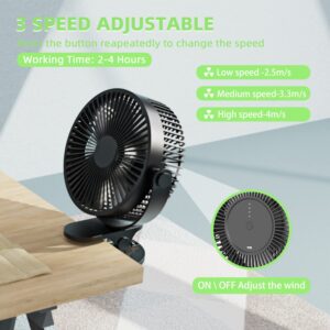 Ymumuda Desk Fan Clip on Fan, 3 Speeds Small USB Fan, 6.5 Inch Rechargeable Portable Fan, Strong Airflow & 360°Rotation Adjustable, Powered by USB, Sturdy Clamp for Office Desk - Black