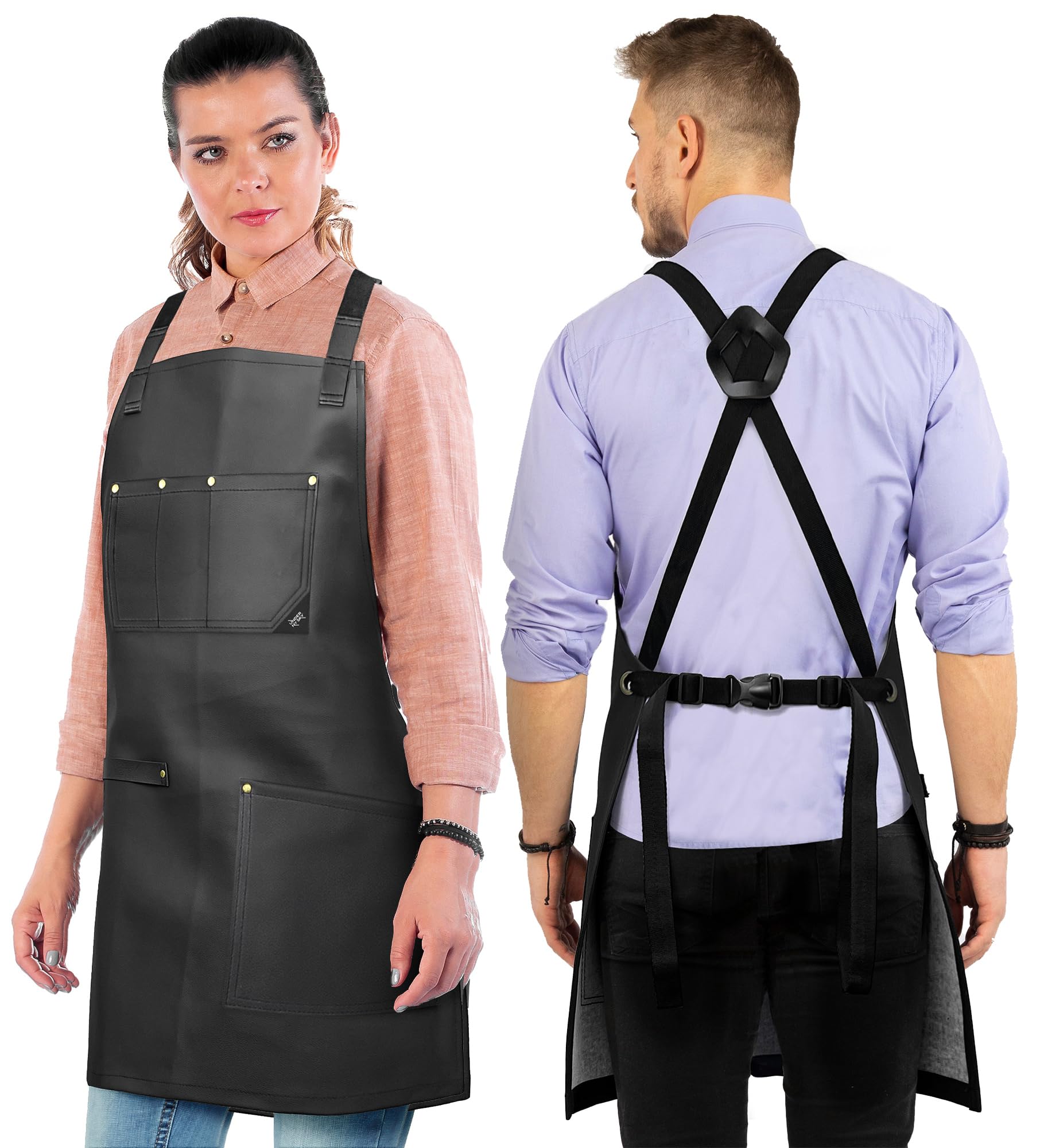 Under NY Sky Leather Apron - Cross-back Straps, Riveted, Vegan Leather - For Barbers, Hairstylist, Bartender, Barista