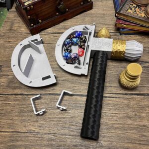 MunnyGrubbers - Axe Dice Holder & Dice Tray with Health Tracker - (Random 7PCS D20 Dice Set Included) - Tabletop Roleplaying Game - Dice Storage - Dice Roller - DND - Dungeons and Dragons - (Silver)