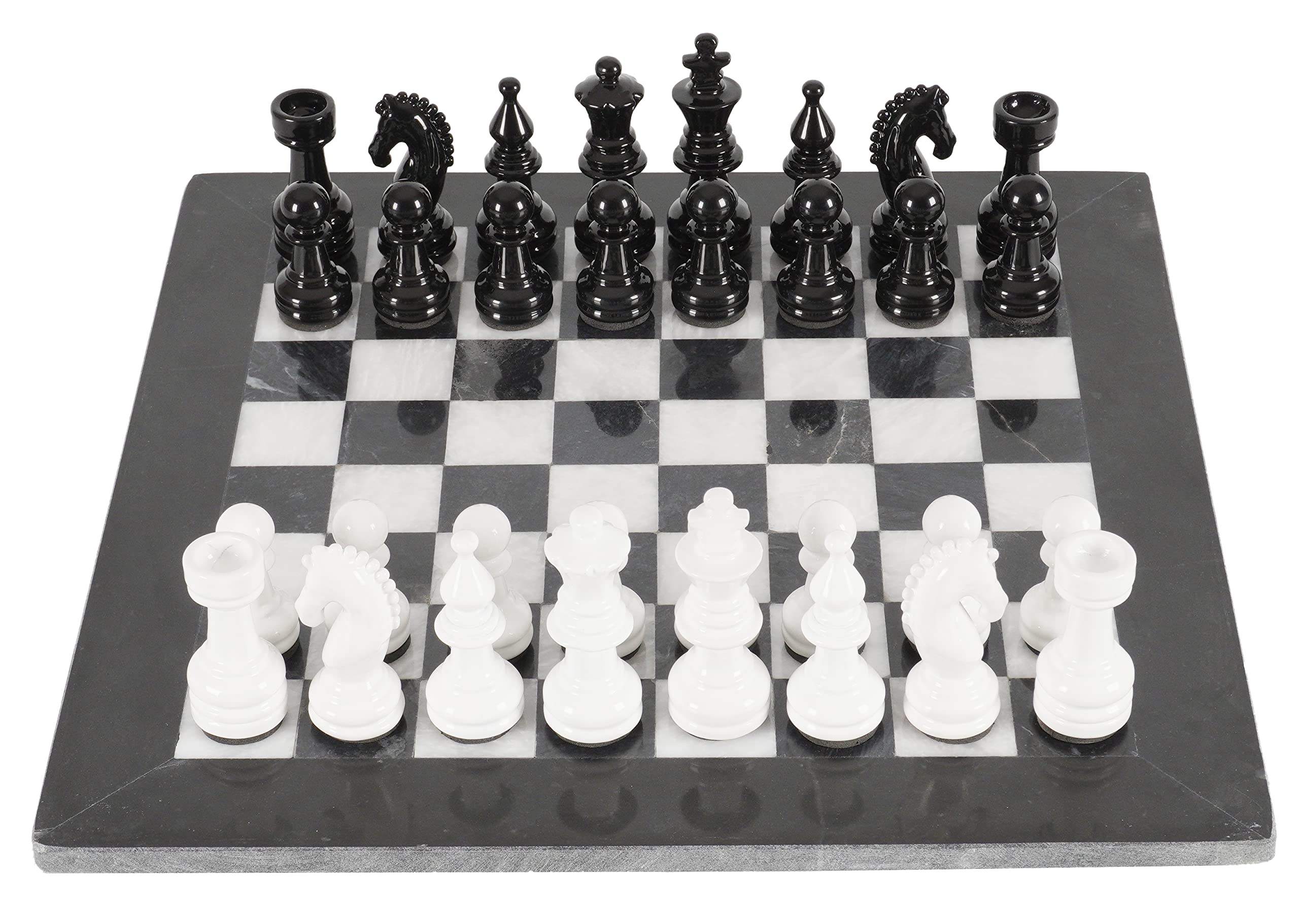 Marblous Krafts 15 Inches Black & White Chess Set with 32 Metallic Figures & 2 Extra Queens and Marble Board - Large Staunton Handmade Chess Game & Chess Sets for Adults and Family