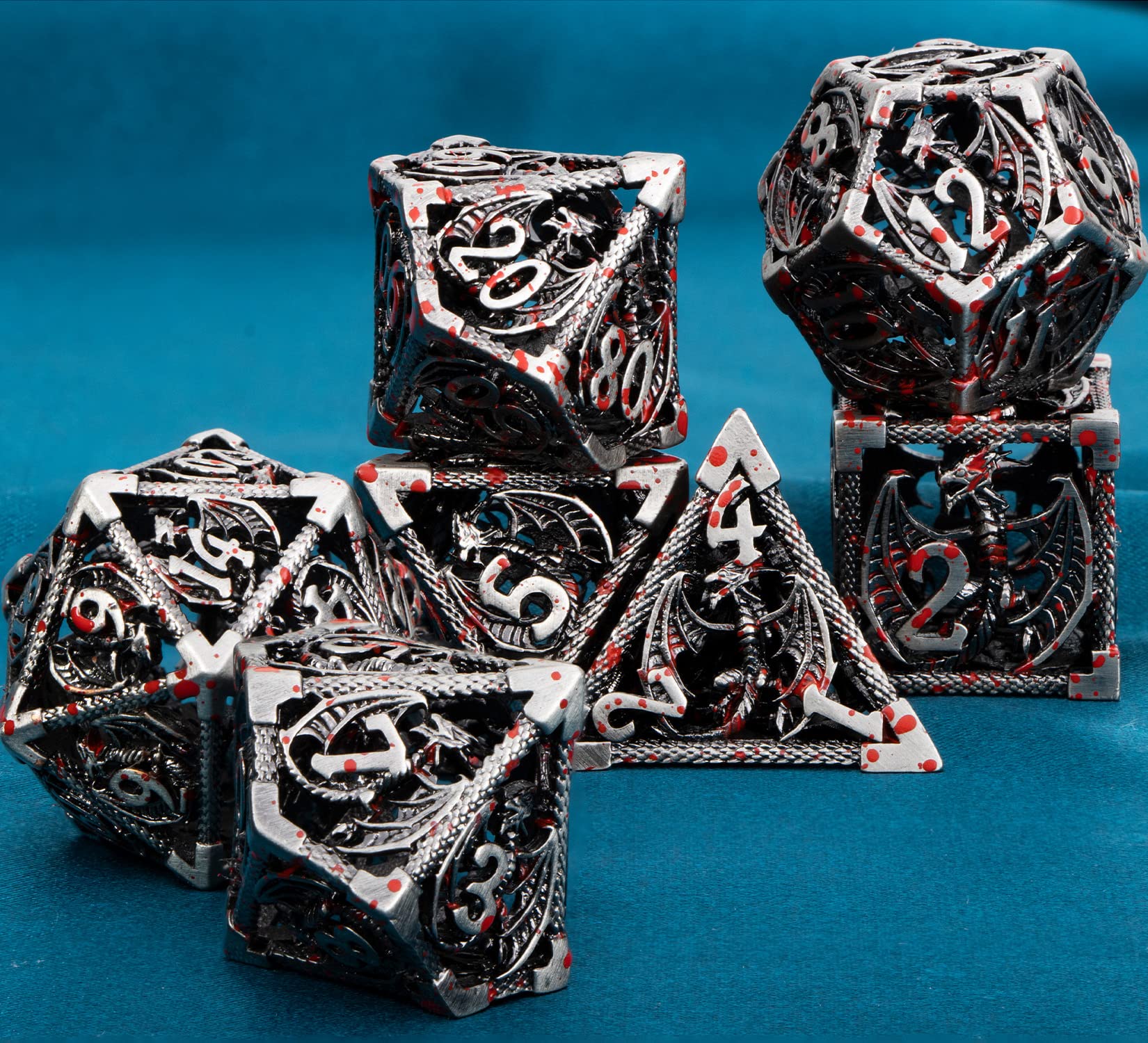 ARUOHHA Hollow DND Metal Dice Set Blood D and D Role Playing Games Dice with Gift Box, Dungeons and Dragons D+D Dice 6 Sided Large Polyhedral Dice RPG D&D Dice Set D20 D12 D10 D8 D6 D4