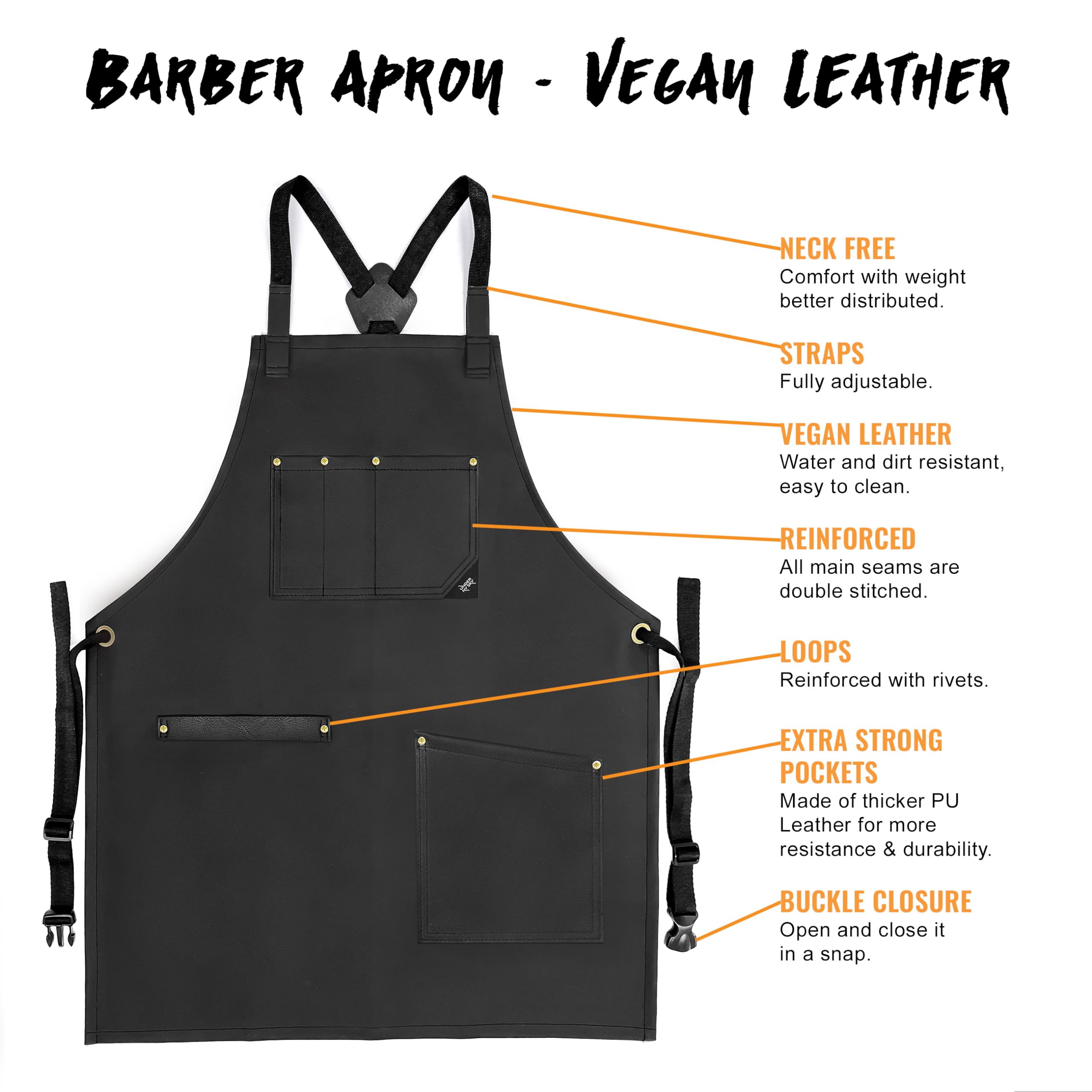 Under NY Sky Leather Apron - Cross-back Straps, Riveted, Vegan Leather - For Barbers, Hairstylist, Bartender, Barista