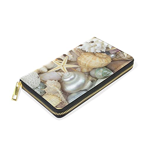 Tropical Seashells, Pearls, Corals and Starfishes Sea Life Leather Long Wallet Organizer with Zipper Purse Clutch Bag for Women Men Key Card Coin Passport Checkbook