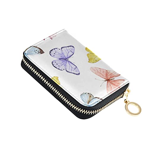 Seamless Watercolor Pink Purple Turquoise Gold Butterflies on White Grey Credit Card Coin wallet, RFID Blocking Compact Women Leather Card Holder, Key Change Organizer, Zipper Purse Clutch Pouch