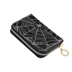 Halloween White Spider Web on Black Dark Seamless Pattern Grey Credit Card Coin wallet, RFID Blocking Compact Women Leather Card Holder, Key Change Organizer, Zipper Purse Clutch Pouch