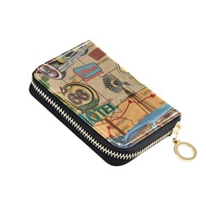 vintage route 66 poster blue, yellow, green cars motorcycle usa flag grey credit card coin wallet, rfid blocking compact women leather card holder, key change organizer, zipper purse clutch pouch