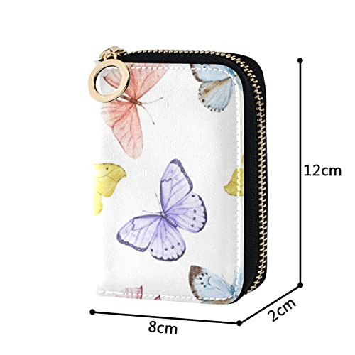 Seamless Watercolor Pink Purple Turquoise Gold Butterflies on White Grey Credit Card Coin wallet, RFID Blocking Compact Women Leather Card Holder, Key Change Organizer, Zipper Purse Clutch Pouch