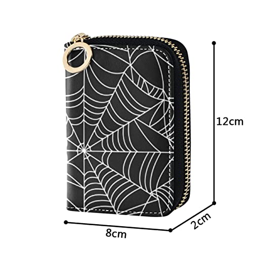 Halloween White Spider Web on Black Dark Seamless Pattern Grey Credit Card Coin wallet, RFID Blocking Compact Women Leather Card Holder, Key Change Organizer, Zipper Purse Clutch Pouch