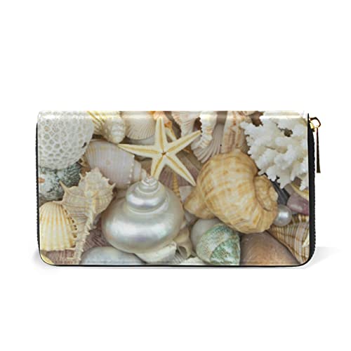 Tropical Seashells, Pearls, Corals and Starfishes Sea Life Leather Long Wallet Organizer with Zipper Purse Clutch Bag for Women Men Key Card Coin Passport Checkbook