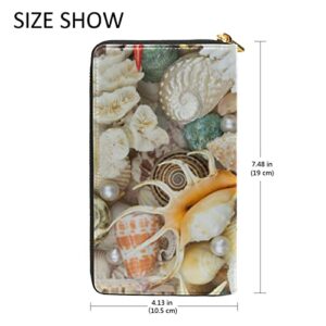 Tropical Seashells, Pearls, Corals and Starfishes Sea Life Leather Long Wallet Organizer with Zipper Purse Clutch Bag for Women Men Key Card Coin Passport Checkbook