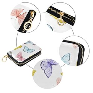 Seamless Watercolor Pink Purple Turquoise Gold Butterflies on White Grey Credit Card Coin wallet, RFID Blocking Compact Women Leather Card Holder, Key Change Organizer, Zipper Purse Clutch Pouch