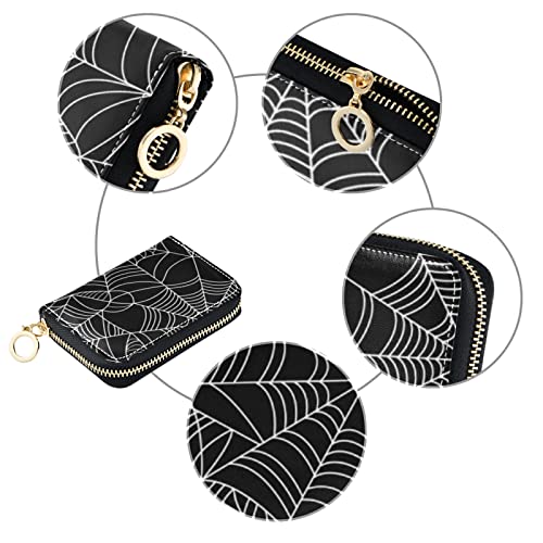 Halloween White Spider Web on Black Dark Seamless Pattern Grey Credit Card Coin wallet, RFID Blocking Compact Women Leather Card Holder, Key Change Organizer, Zipper Purse Clutch Pouch