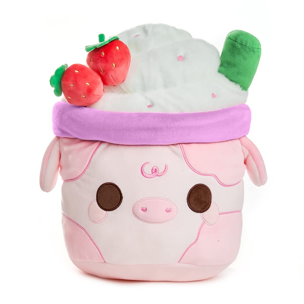 Cuddle Barn PlushGoals - Strawberry Mooshake Super Soft Cute Kawaii Cow Dessert Drink Collectible Stuffed Animal Plush Toy, 10 inches