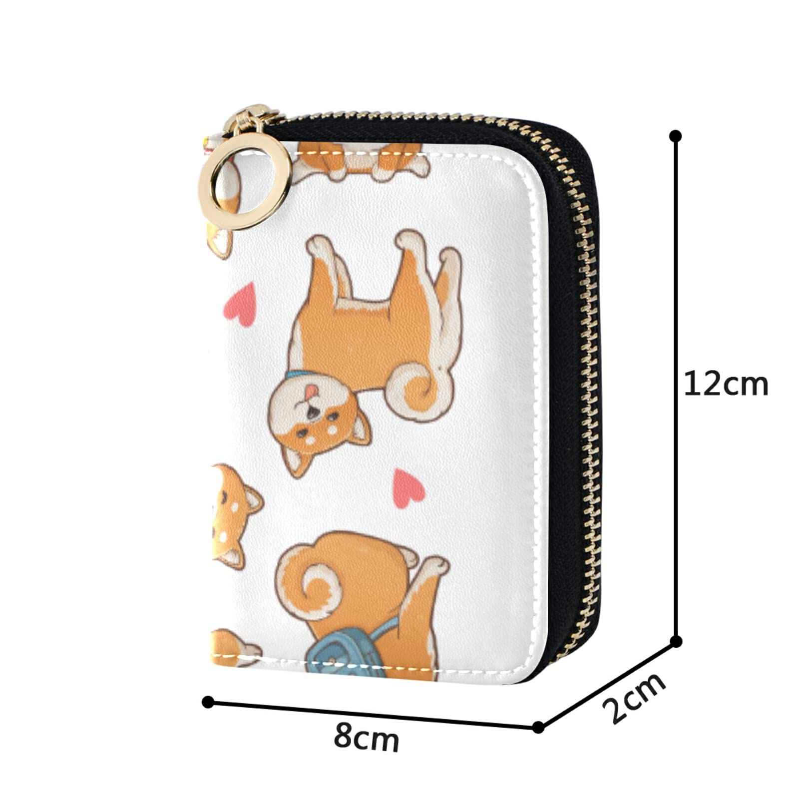 Funny Orange Shiba Inu Dogs in Different Poses on White Grey Credit Card Coin wallet, RFID Blocking Compact Women Leather Card Holder, Key Change Organizer, Zipper Purse Clutch Pouch