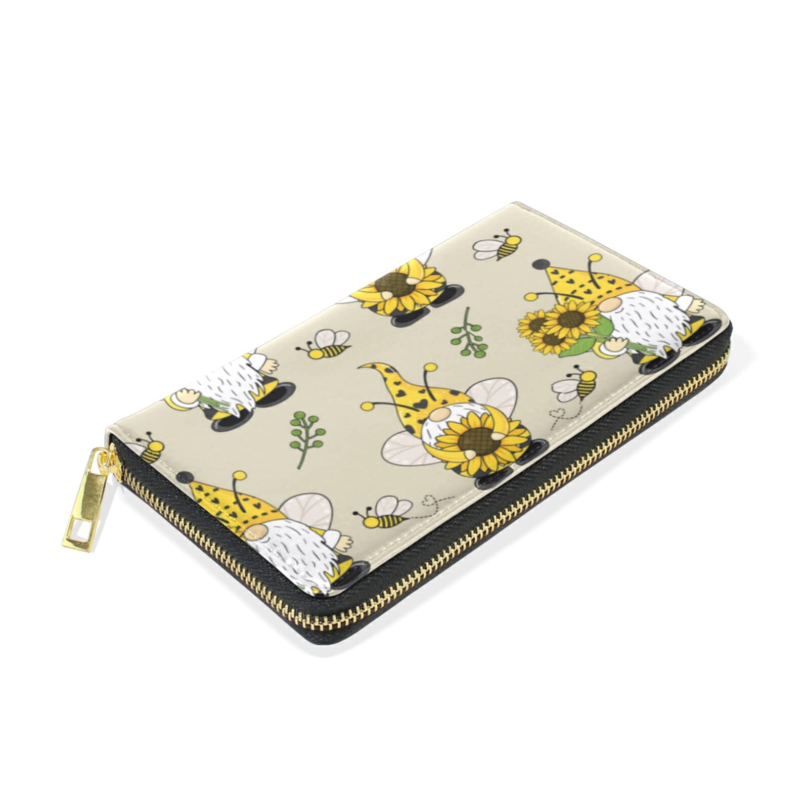 Seamless Pattern with Yellow Gnomes, Bees and Sunflowers Leather Long Wallet Organizer with Zipper Purse Clutch Bag for Women Men Key Card Coin Passport Checkbook