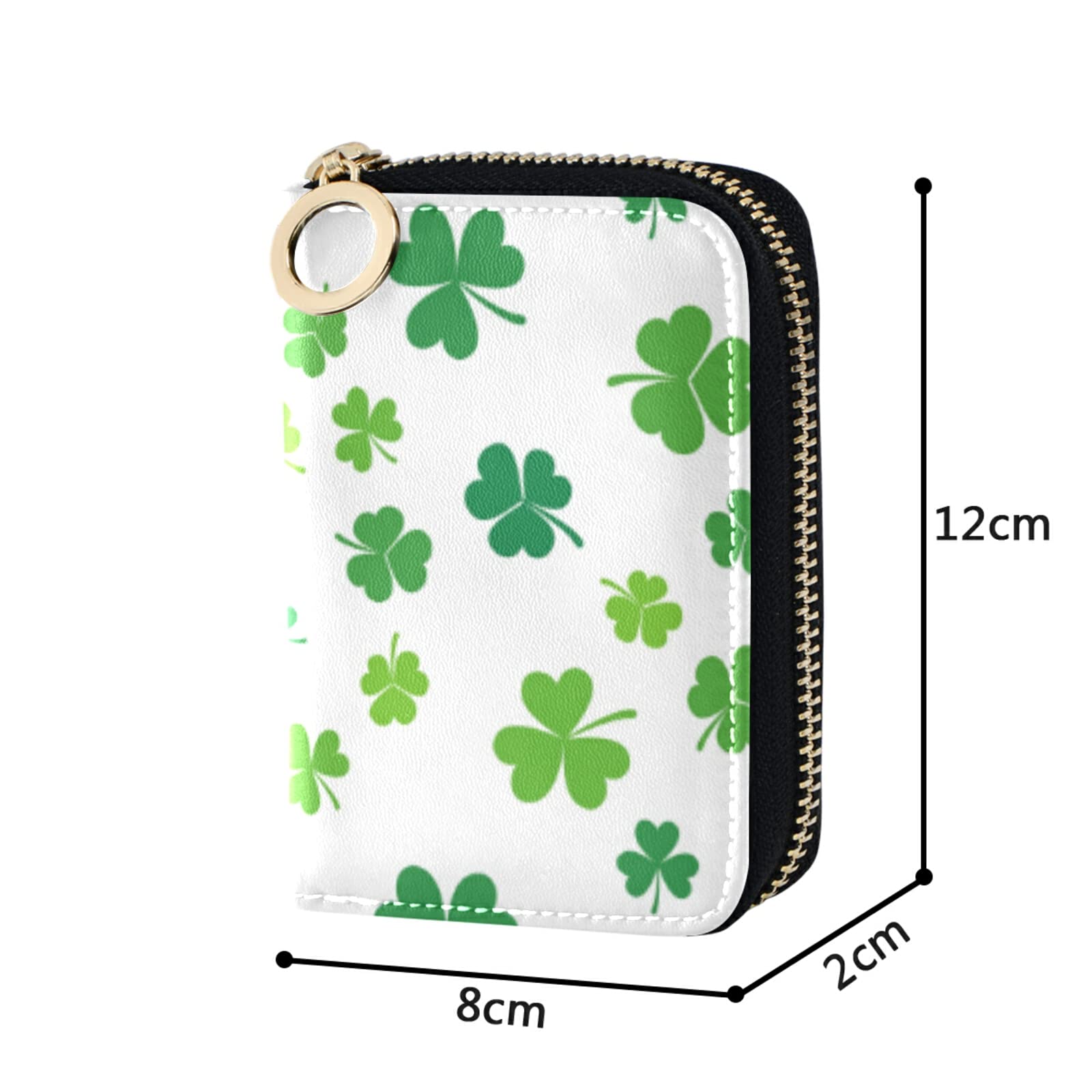 St Patrick's Day Green Seamless Shamrock Clover Lucky Four Leaves Grey Credit Card Coin wallet, RFID Blocking Compact Women Leather Card Holder, Key Change Organizer, Zipper Purse Clutch Pouch