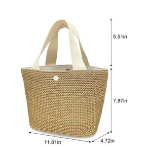 Women Straw Beach Tote MINI Bags Handmade Woven Bag with Handle Boho Summer Handwoven Handbag Purse (White)