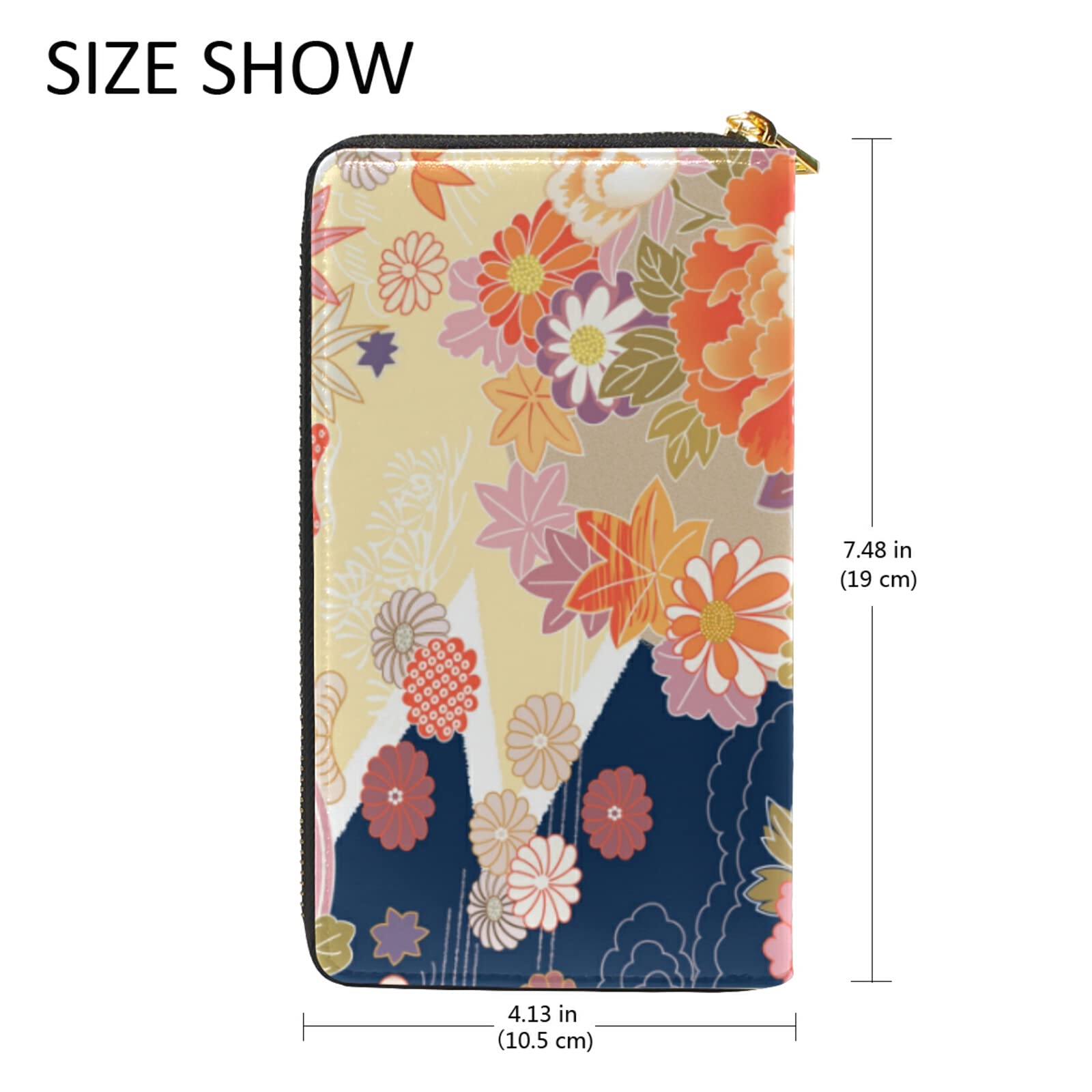 Traditional Kimono Pattern Asian Japanese Chinese Floral Flowers Leather Long Wallet Organizer with Zipper Purse Clutch Bag for Women Men Key Card Coin Passport Checkbook