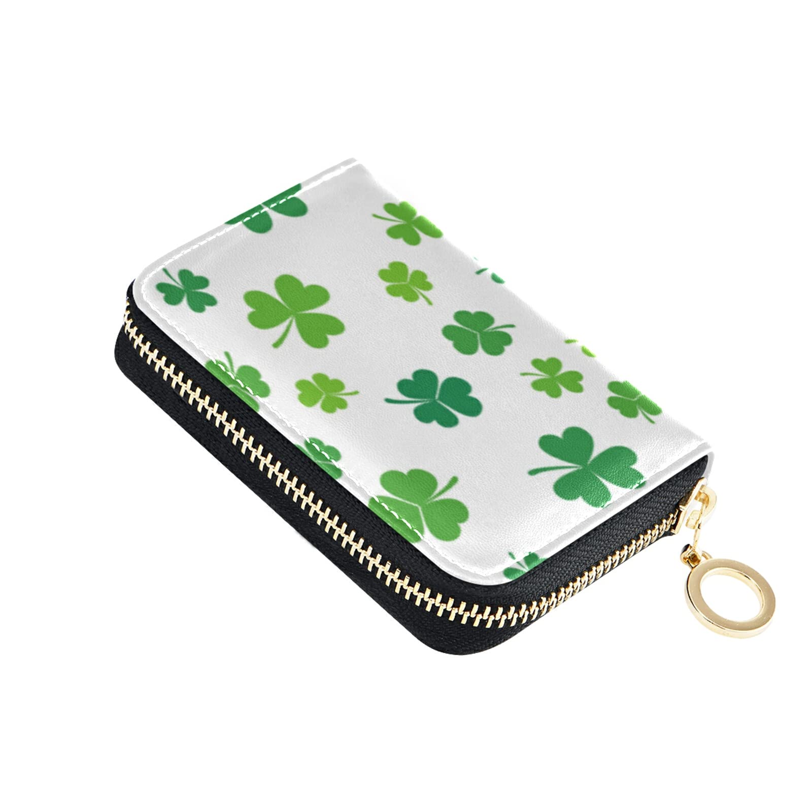 St Patrick's Day Green Seamless Shamrock Clover Lucky Four Leaves Grey Credit Card Coin wallet, RFID Blocking Compact Women Leather Card Holder, Key Change Organizer, Zipper Purse Clutch Pouch