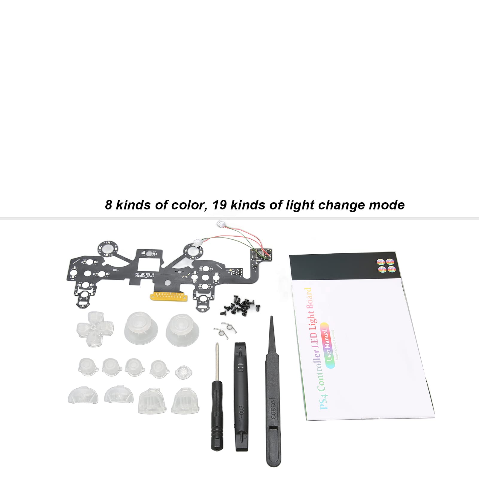 wendeekun Controller Repair Kit for Ps4, Luminated Gamepad Buttons 8 Colors 19 Modes DIY Repair Replacement Kit, Led Buttons Kit for Ps4 Controller, Include Screwdriver/Joystick Buttons/Light Board