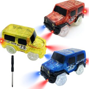 kermctcokid tracks cars replacement with led light glow car toys, glow in the dark, race car track compatible with car tracks toys for kids for boy girl age 3-12 years old(3pcs)