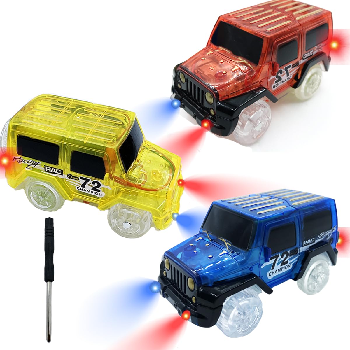 KERMCTCOKID Tracks Cars Replacement with LED Light Glow Car Toys, Glow in The Dark, Race Car Track Compatible with Car Tracks Toys for Kids for Boy Girl Age 3-12 Years Old(3PCS)