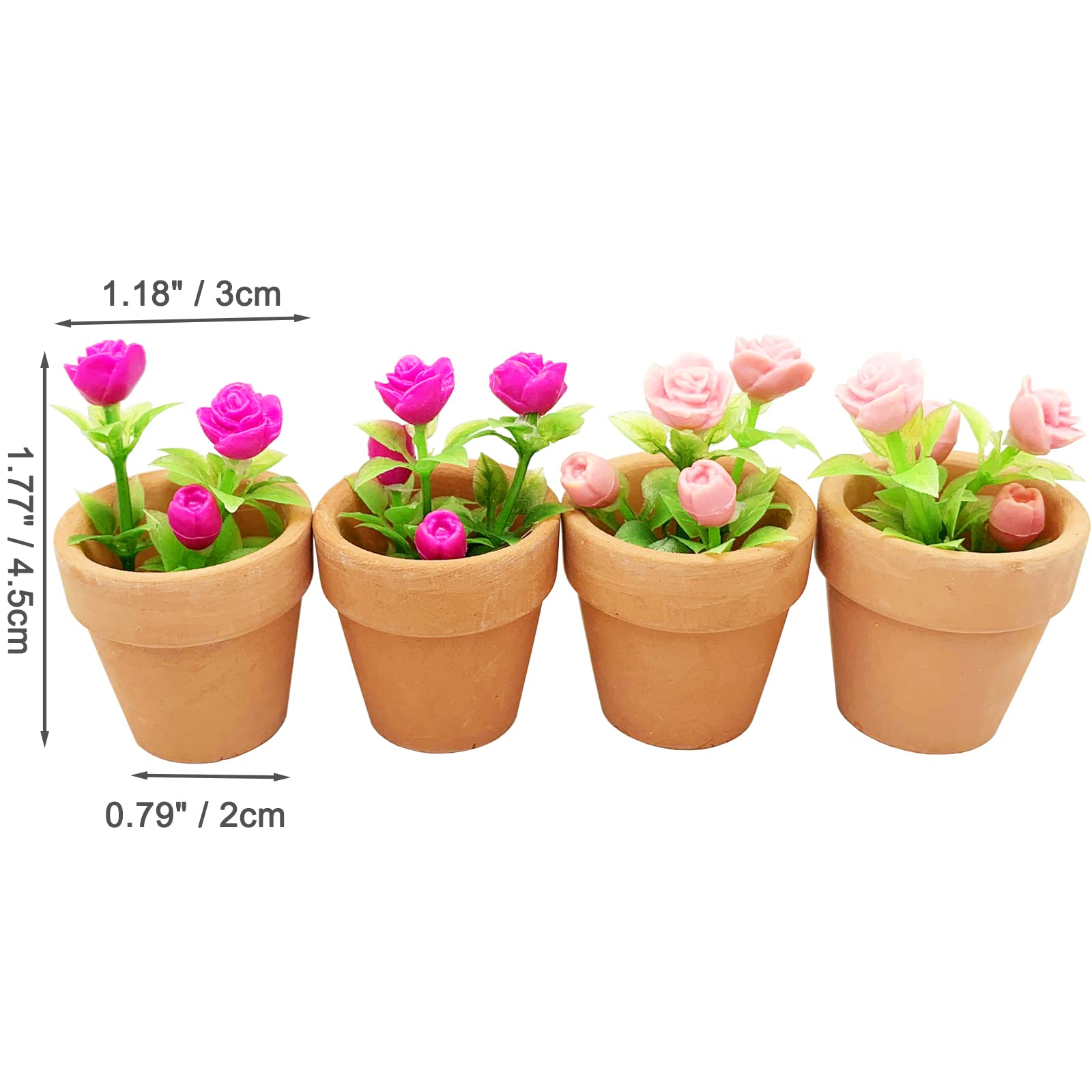 4 Pieces Mini Dollhouse Potted Plant Flower Model 1:12 Miniature Scene Bonsai Plant Set Accessories Micro Landscape Decoration (Rose+Pink)