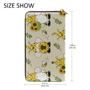 Seamless Pattern with Yellow Gnomes, Bees and Sunflowers Leather Long Wallet Organizer with Zipper Purse Clutch Bag for Women Men Key Card Coin Passport Checkbook