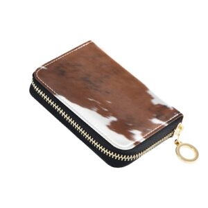 brown cow fur skin animal texture on white grey credit card coin wallet, rfid blocking compact women leather card holder, key change organizer, zipper purse clutch pouch