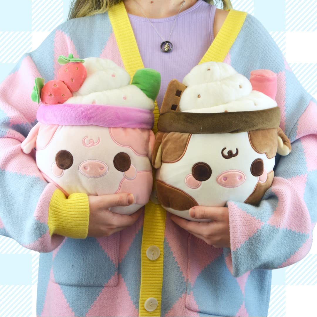 Cuddle Barn PlushGoals - Strawberry Mooshake Super Soft Cute Kawaii Cow Dessert Drink Collectible Stuffed Animal Plush Toy, 10 inches