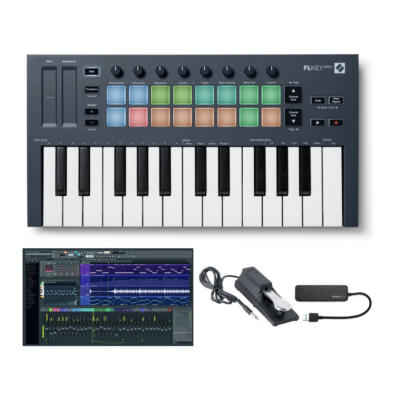 Novation FLkey Mini 25-Key MIDI Keyboard Controller for FL Studio Bundle with 20 Fruity Edition Software (Boxed), Keyboard Piano Style Sustain Pedal (Black) and 4-Port USB 3.0 Hub (4 Items)