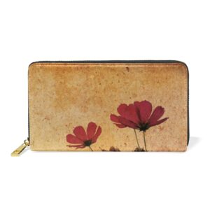 Old-fashioned Artistic Flowers Retro Style Red Poppies Poppy Flowers Leather Long Wallet Organizer with Zipper Purse Clutch Bag for Women Men Key Card Coin Passport Checkbook