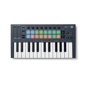 Novation FLkey Mini 25-Key MIDI Keyboard Controller for FL Studio Bundle with 20 Fruity Edition Software (Boxed), Keyboard Piano Style Sustain Pedal (Black) and 4-Port USB 3.0 Hub (4 Items)