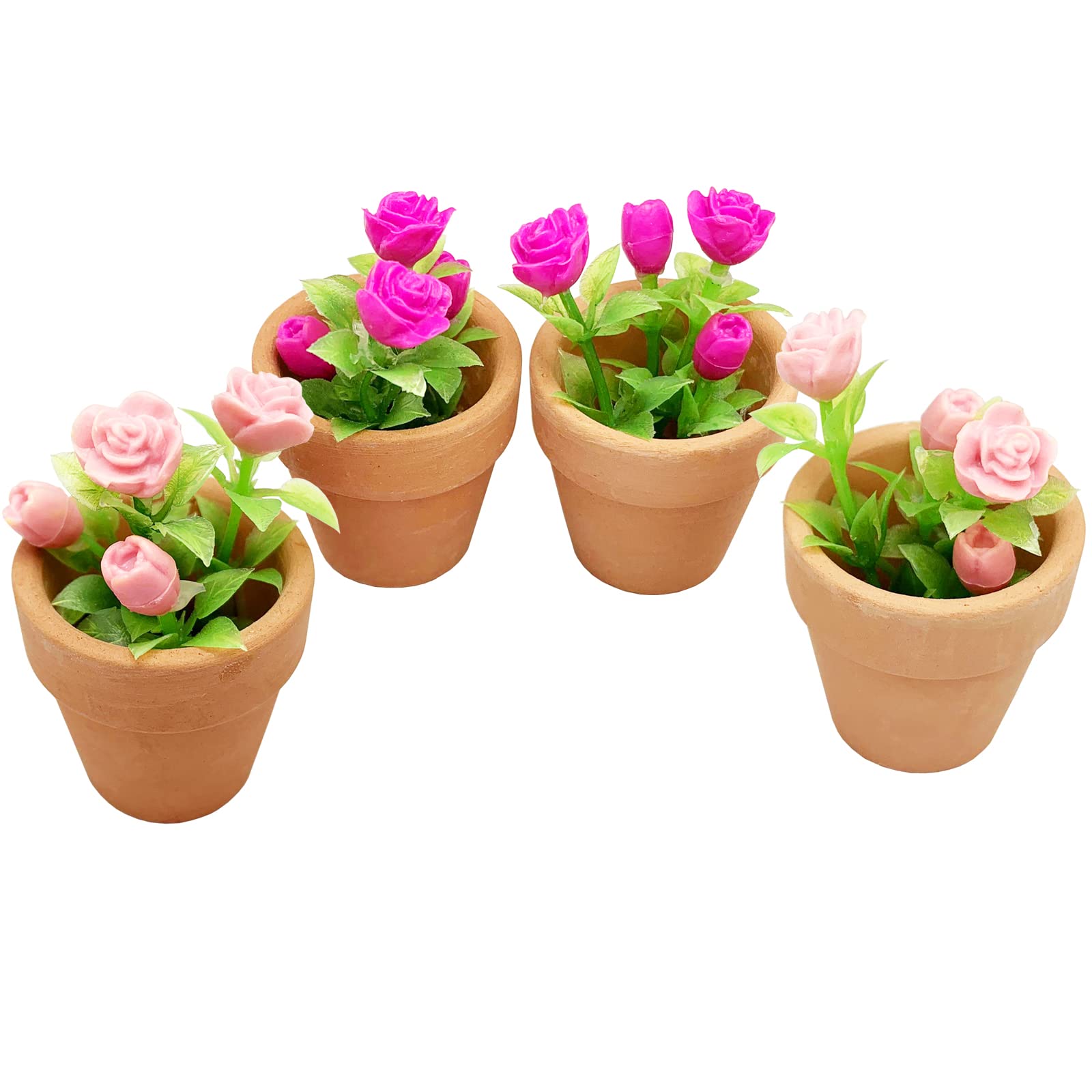 4 Pieces Mini Dollhouse Potted Plant Flower Model 1:12 Miniature Scene Bonsai Plant Set Accessories Micro Landscape Decoration (Rose+Pink)