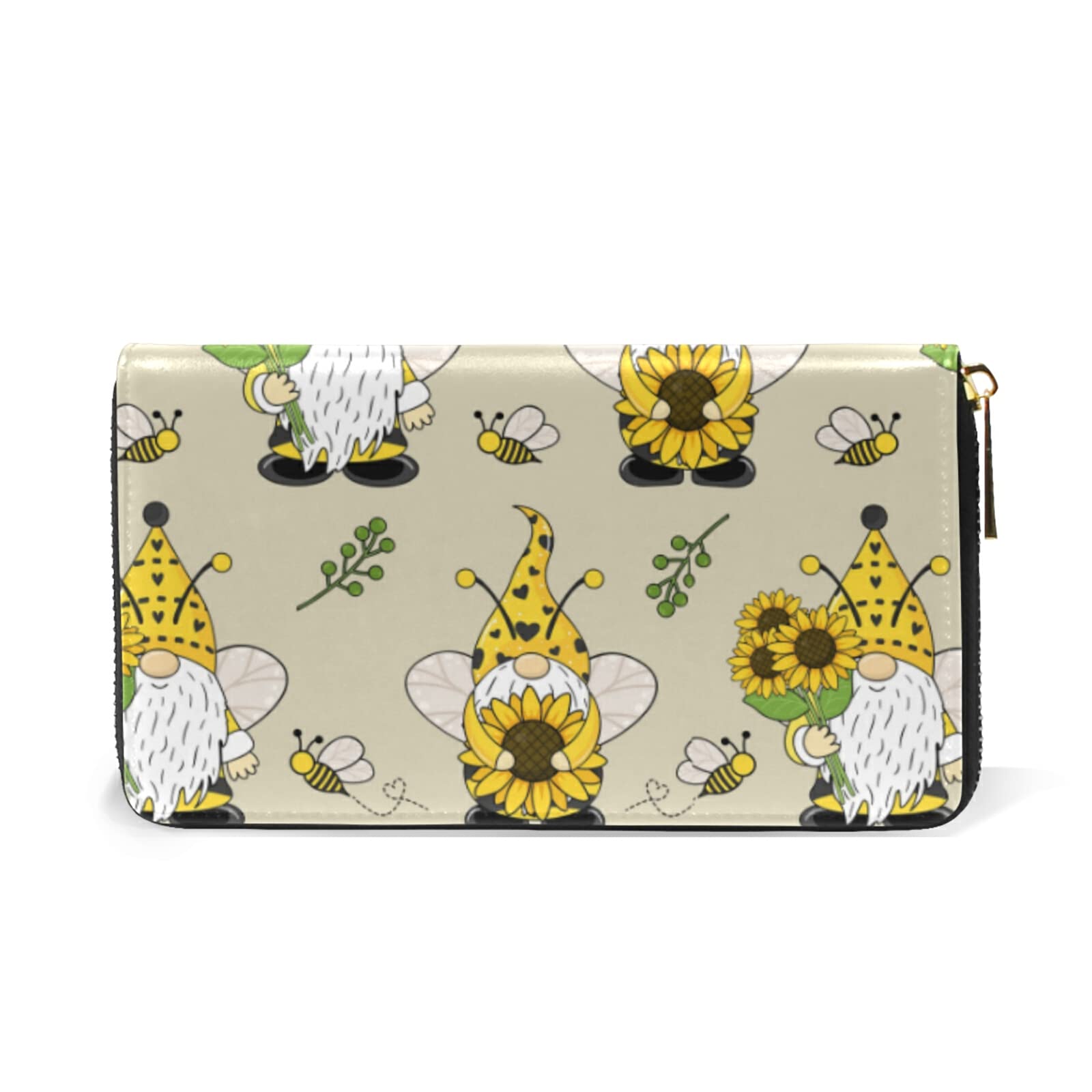 Seamless Pattern with Yellow Gnomes, Bees and Sunflowers Leather Long Wallet Organizer with Zipper Purse Clutch Bag for Women Men Key Card Coin Passport Checkbook