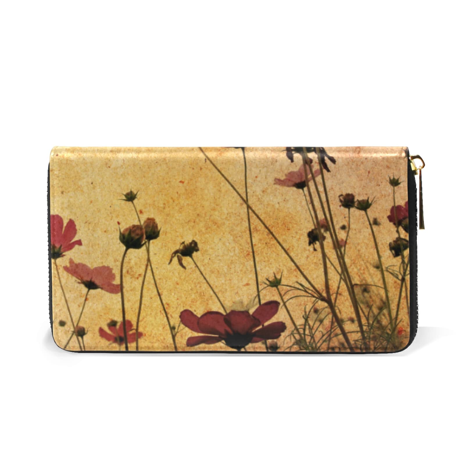 Old-fashioned Artistic Flowers Retro Style Red Poppies Poppy Flowers Leather Long Wallet Organizer with Zipper Purse Clutch Bag for Women Men Key Card Coin Passport Checkbook