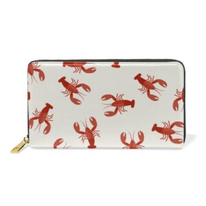 seamless red crawfishes red lobsters leather long wallet organizer with zipper purse clutch bag for women men key card coin passport checkbook