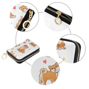 Funny Orange Shiba Inu Dogs in Different Poses on White Grey Credit Card Coin wallet, RFID Blocking Compact Women Leather Card Holder, Key Change Organizer, Zipper Purse Clutch Pouch