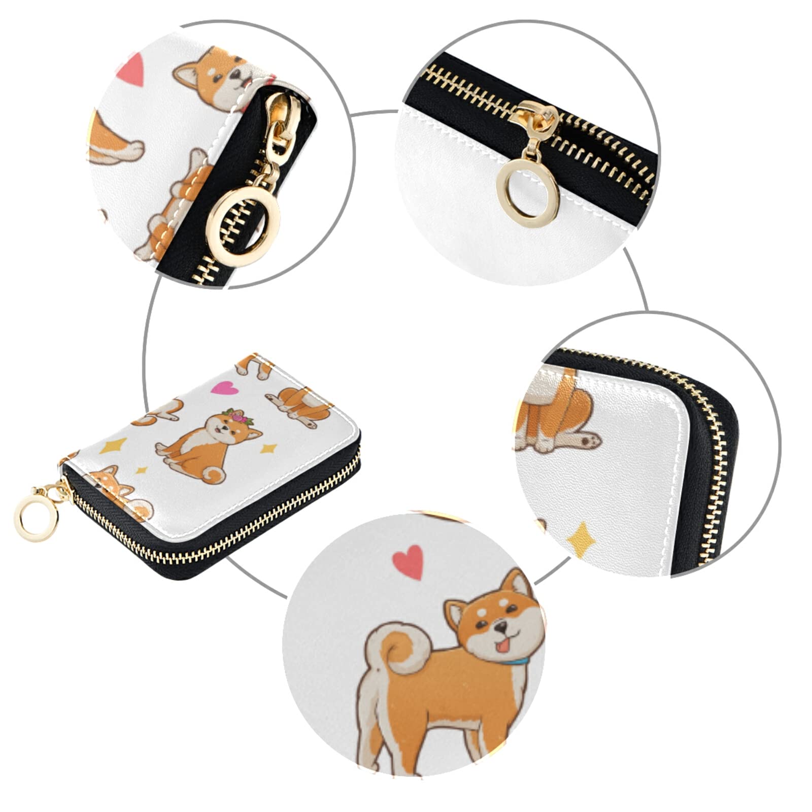 Funny Orange Shiba Inu Dogs in Different Poses on White Grey Credit Card Coin wallet, RFID Blocking Compact Women Leather Card Holder, Key Change Organizer, Zipper Purse Clutch Pouch