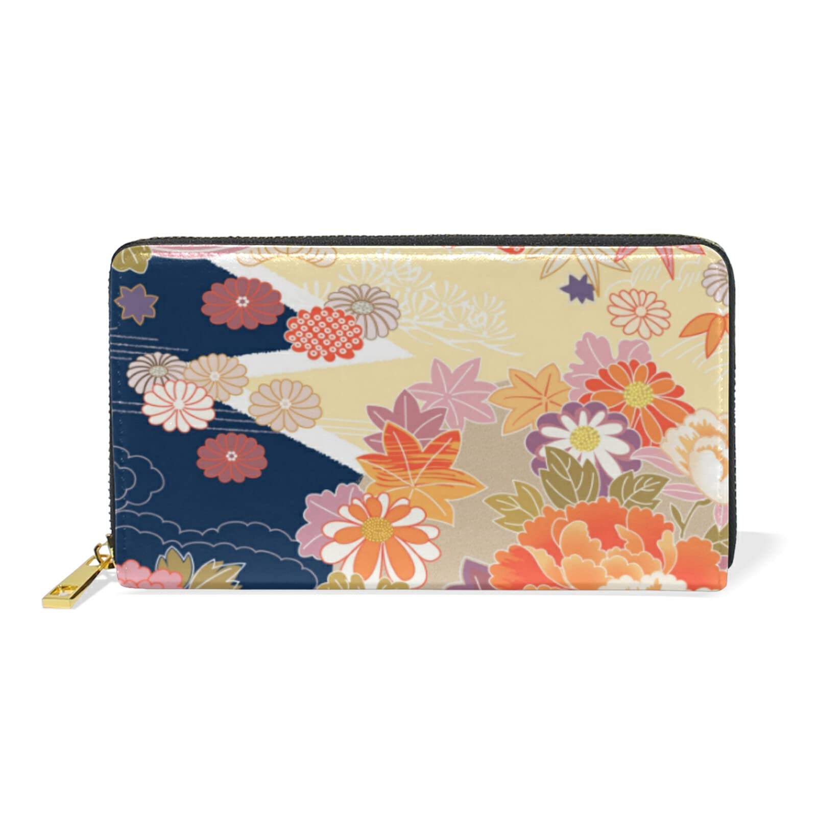 Traditional Kimono Pattern Asian Japanese Chinese Floral Flowers Leather Long Wallet Organizer with Zipper Purse Clutch Bag for Women Men Key Card Coin Passport Checkbook