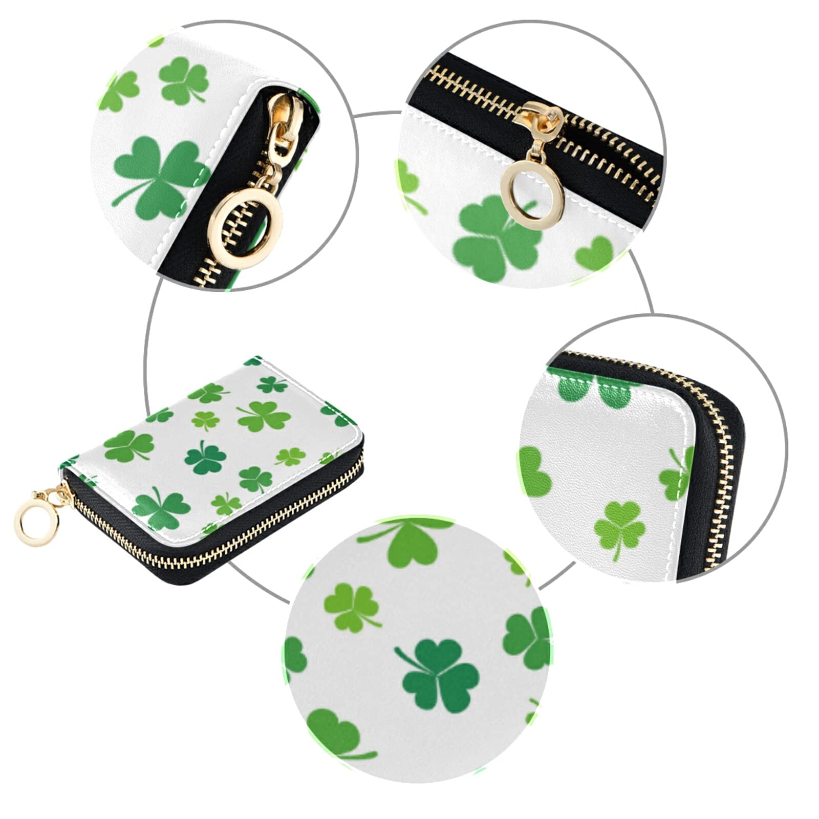 St Patrick's Day Green Seamless Shamrock Clover Lucky Four Leaves Grey Credit Card Coin wallet, RFID Blocking Compact Women Leather Card Holder, Key Change Organizer, Zipper Purse Clutch Pouch