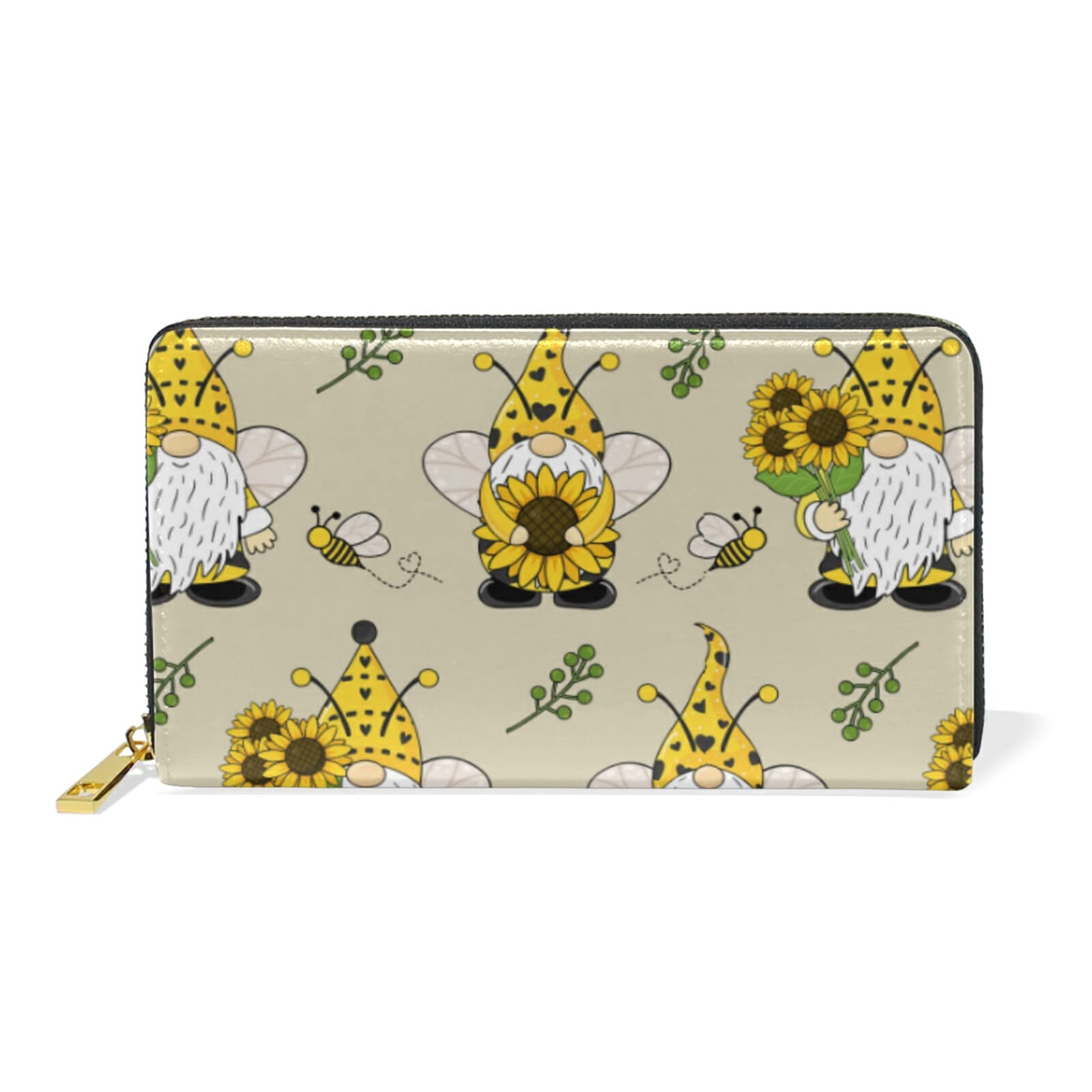 Seamless Pattern with Yellow Gnomes, Bees and Sunflowers Leather Long Wallet Organizer with Zipper Purse Clutch Bag for Women Men Key Card Coin Passport Checkbook