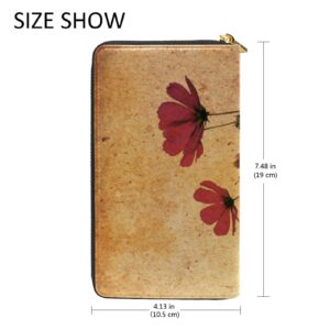 Old-fashioned Artistic Flowers Retro Style Red Poppies Poppy Flowers Leather Long Wallet Organizer with Zipper Purse Clutch Bag for Women Men Key Card Coin Passport Checkbook