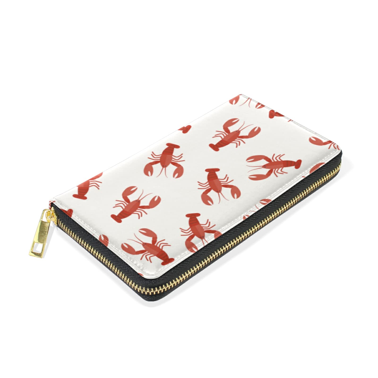 Seamless Red Crawfishes Red Lobsters Leather Long Wallet Organizer with Zipper Purse Clutch Bag for Women Men Key Card Coin Passport Checkbook