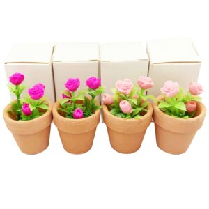 4 Pieces Mini Dollhouse Potted Plant Flower Model 1:12 Miniature Scene Bonsai Plant Set Accessories Micro Landscape Decoration (Rose+Pink)